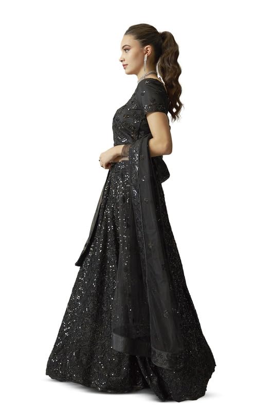 Soch Womens Black Net All-Over Sequin Embellished Unstitched Lehenga Set with Belt