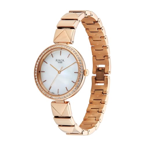 Titan Raga Allure with White Mother of Pearl Dial Rose Gold Brass Solid Link Strap Watch for Women - 2787WM01