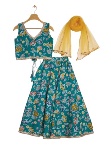 studio rasa Girls Cotton Printed Embellished Bias Lehenga Set for Festive Wedding Party(GLC62502/5-6_Green_5-6 Y)