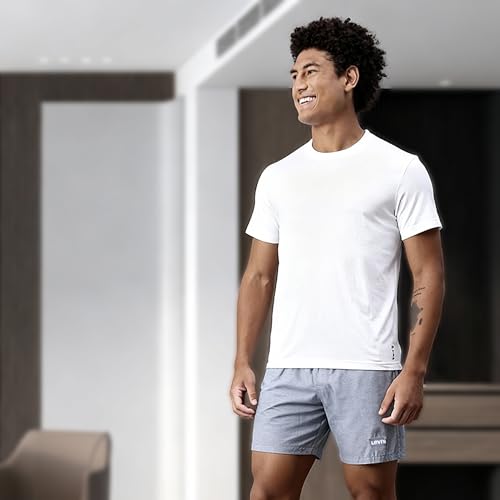 Levis' Men's Regular Fit 100% Cotton Round Neck Half Sleeve T Shirt with Solid Boxer Shorts Set (White/Denim Melange, M)
