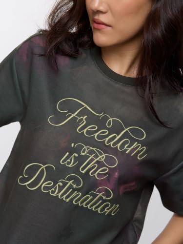 The Souled Store Freedom Women and Girls Short Sleeves Round Neck Dark Green Tie-Dye Embroidered Cotton Polyester Blend Oversized Comfortable Streetwear T-Shirts