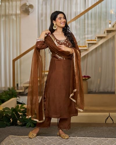 VARNI FABRICS: A lady's First Love Women's Brown Vichitra Silk Embroidered Kurta With Straight Pant And Dupatta, Ethnic Festive Set (IN, Alpha, M, Regular)