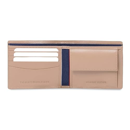 Tommy Hilfiger Men's Leather Wallet Avlona | Textured Khaki+White+Beige Bi-Fold with Global Coin Pocket | Stylish Purse for Gents