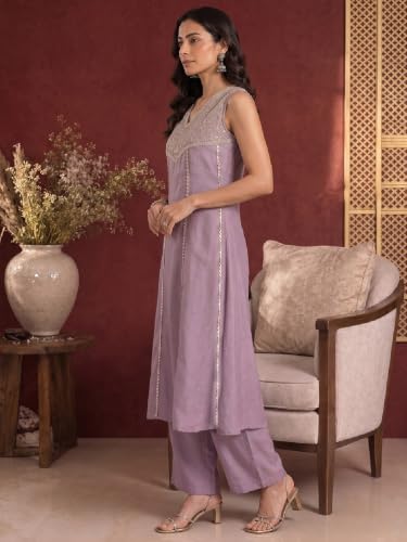 Varanga Women Lavender Kurta Set V Neck Sleeveless Silk Georgette