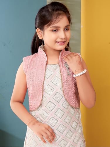 Aarika Girls Ethnic Wear White-Peach Colour Sequin Embroidery Lace Work Silk Kurti Patiala With Jacket (4-10 Years)