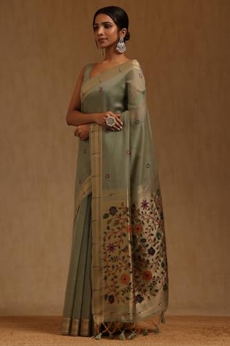Soch Womens Light Olive Chanderi Woven Design Saree