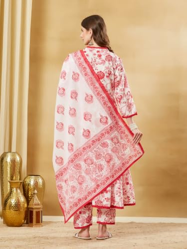 Divena White Floral Cotton Anarkali Kurta Sets With Dupatta