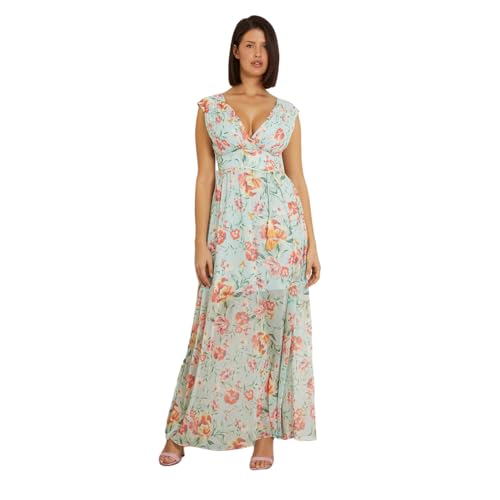 GUESS Women's Green Polyester Floral Print Regular Fit Sleeveless Dress