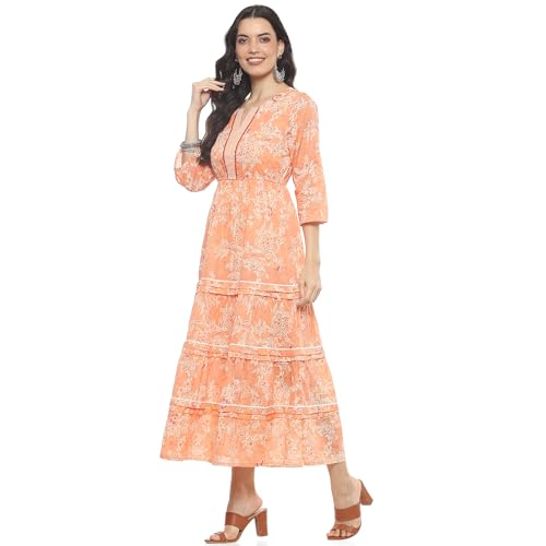 Rangriti Women Cotton Printed Tiered Dress Ankle Length Casual INDIEDRESS19134SS24PCH_Pink