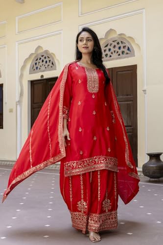 Leeli Peeri Designer Women's Chinon Silk Embroidery Kurta Sharara Set With Dupatta