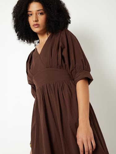 Max Women Textured A-line Midi Dress (Brown_M)