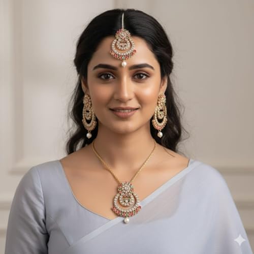 Silver Tone Traditional Necklace Set with Earrings & Maang Tikka for Women | Wedding, Festive and Ethnic Indian Jewellery Set (Multicolor - 2)
