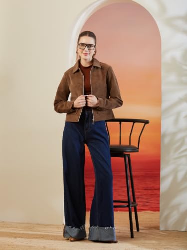 Latin Quarters Women's Brown Solid Collar Neck Full Sleeves Casual Jacket_XL
