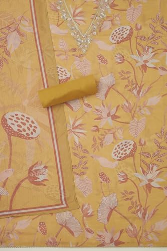 Soch Womens Yellow Tissue Shimmer Botanical Print Unstitch Dress Material With Sequins