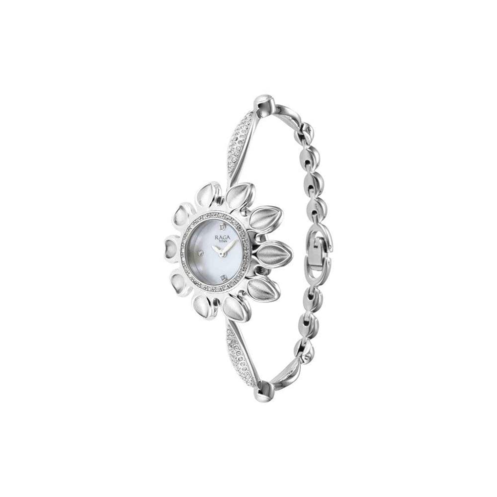 Titan Raga Silver Quartz Analog White Mother of Pearl Dial Sterling Silver Strap Watch for Women - NT9893VM02