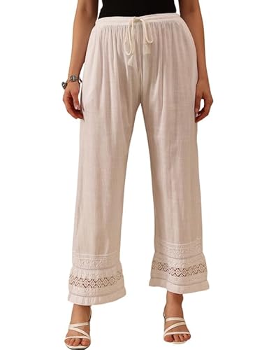 Ada Lucknowi Chikankari Hand Embroidered Cotton Linen Straight Pant Palazzo for Women A711181 White (2XL)