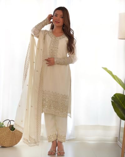 Leeli Peeri Designer Women's Chinon Silk Sequence Embroidery Work Straight Kurta Set With Dupatta