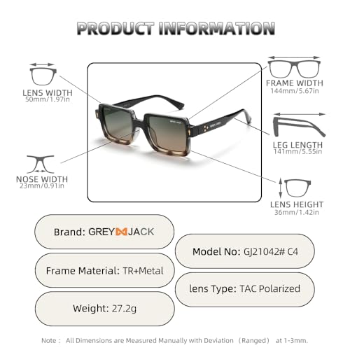 grey jack Polarized Square Sunglasses for Men Women,Stylish TR Full Rim Eyewear with UV Protection 21042 Gradient Demi Frame Green Orange Lens