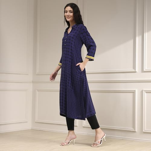 Biba Women's Viscose Printed Straight Kurta (JMWRZ30042AW25IND_Indigo Blue