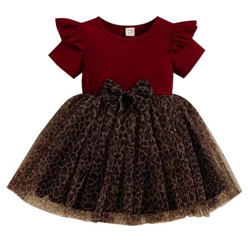 Hopscotch Girls Polyester Cheetah Print Fit and Flare Dress with Bow Applique in Red Color For Ages (4-5 Years)