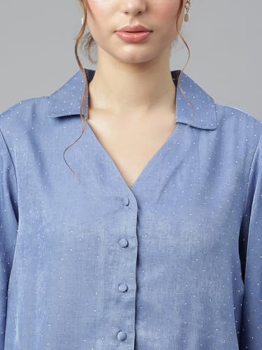 Latin Quarters Women Blue 3/4 Sleeve Spread Collar Solid Shirt_XL