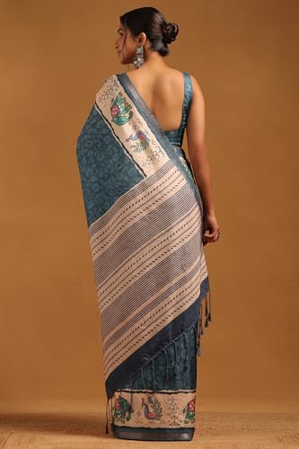 Soch Womens Blue Tussar Botanical Saree