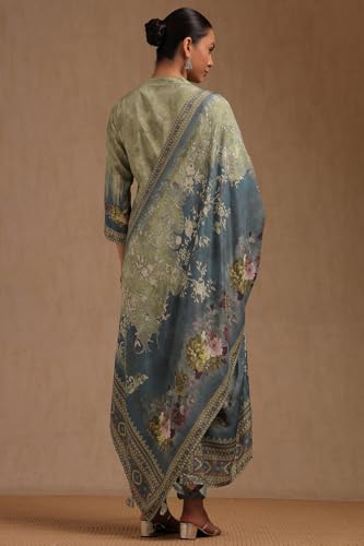 Soch Womens Olive Muslin Floral Print Suit Set With Beads