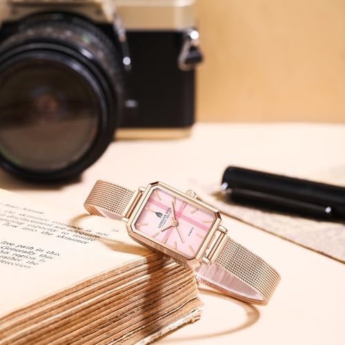 London Fog Victoria Collection Analog Quartz Watch for Women with Pink Textured Dial and Rose Gold Mesh Strap, Rectangular Metal Case and Mineral Glass - LFW20006-44