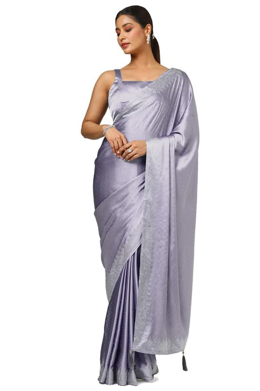 Soch Womens Light Purple Satin Embellished Saree With Stone Work