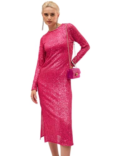Sassafras Women Fuchsia Sequin Round Neck Side Slit Midi Dress L