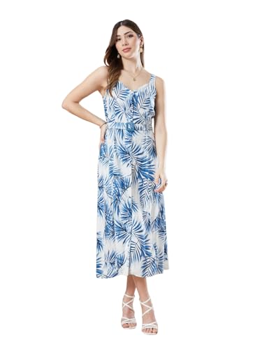 Latin Quarters Women's Blue Strap Sleeves Printed Sweatheart Casual Dress_L