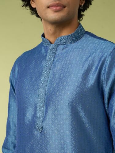 DIWAS BY MANYAVAR Men's Art Silk Thread Embroidery Festive Kurta Set (2pc) (Blue, L)