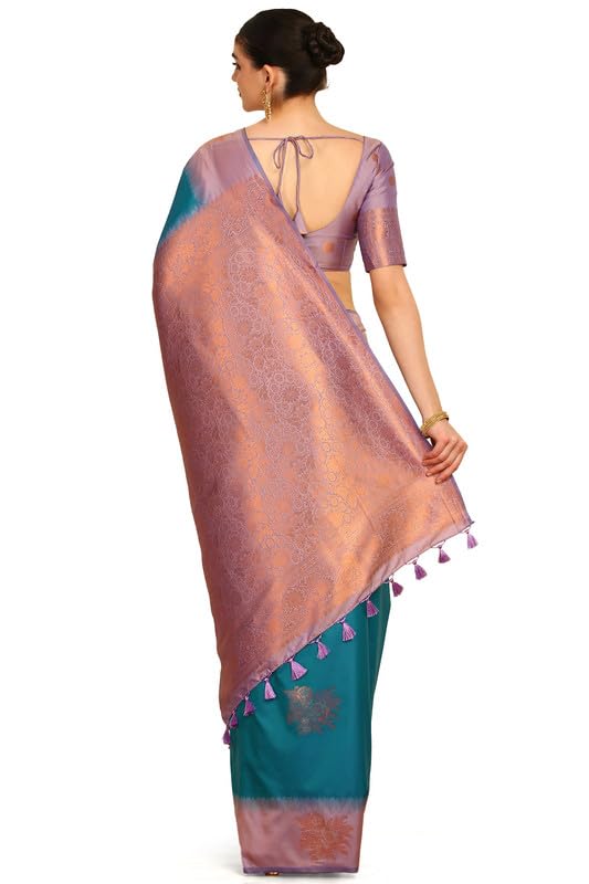 Soch Womens Turquoise Blue Floral Zari Woven Design Silk Blend Saree With Tassels