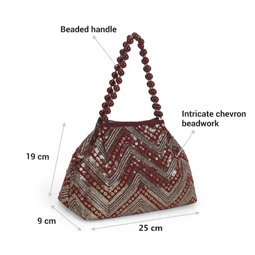 Mochi Women's Maroon Beaded Chevron Design Party Handbag(38-113)