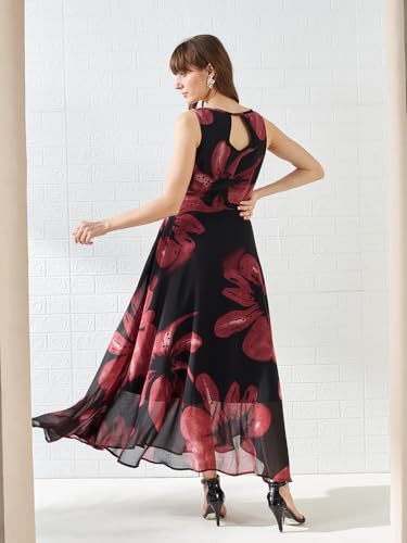 Latin Quarters Women's Wine Sleeveless Round Neck Printed Casual Maxi Dress_L