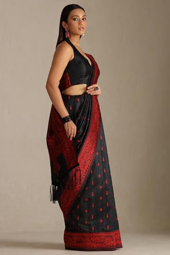 Soch Womens Black Tussar Woven Design Saree