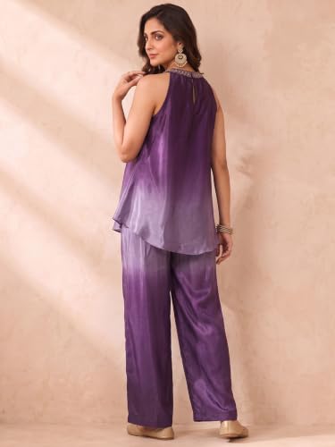 Varanga Women Purple A Line Kurta Set Sleeveless Mirror Work
