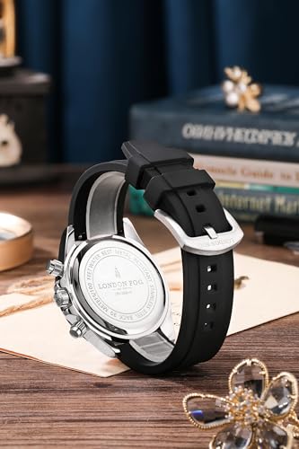 London Fog Bond Collection Analog Quartz Watch for Men with Silver Dial and Black Silicone Strap, Metal Case with Tachymeter Bezel, Chronograph Function, Date Display, LFM10003-02