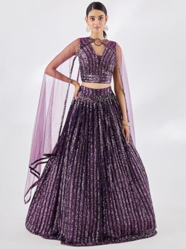 Zeel Clothing Women's Sequins Embroidered Soft Net Semi Stitched Lehenga Choli With Dupatta (5069-Purple-Wedding-Stylish-Lehenga-Choli; Free Size)