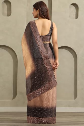 Soch Womens Brown Fendy Organza Ombre Stone Embellished Saree