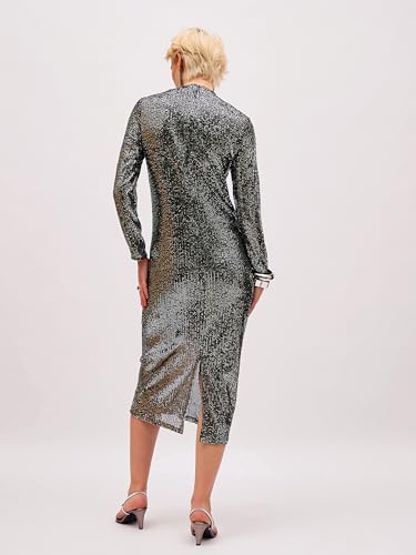 Sassafras Women Black Sequin High Neck Back Slit Midi Dress S
