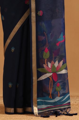 Soch Womens Navy Blue Organza Woven Design Saree
