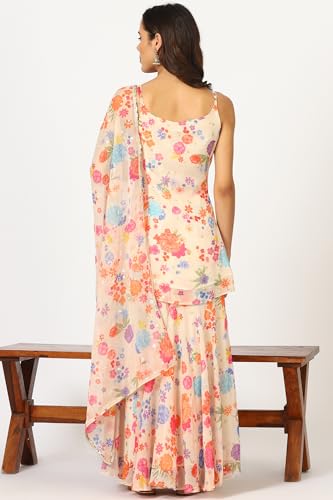 W for Woman Off-White Floral Printed Sleeveless Flared Chiffon Kurta and Sharara Set with Dupatta (Size: 2XL)-24AUWS12585-124166