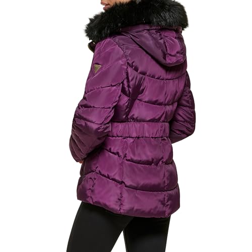 GUESS Women's Puffer Hooded Cold Weather Coat, Fur Lined Eggplant, M