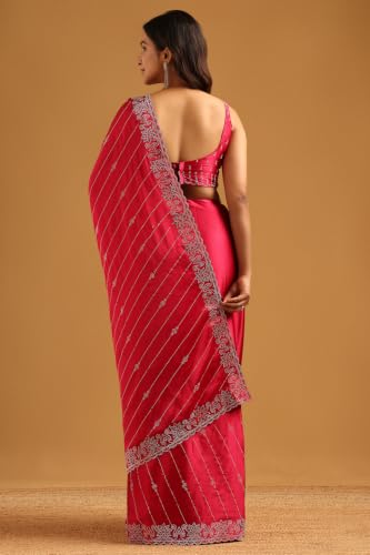 Soch Womens Fuchsia Satin Stonework Embellished Saree