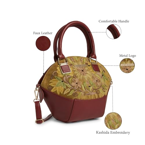 Caprese Siji Tresna Small Satchel Bag for Women with Adjustable & Detachable Strap | Kashida Embroidery Shoulder Bag | Crossbody & Handheld Bag for Work, Travel, and Everyday Use (Red)