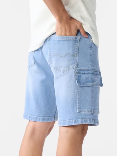 The Souled Store Denim Shorts: Aero Blue Men and Boys Buttoned Knee Length Cotton Blend Regular Fit Denim Shorts