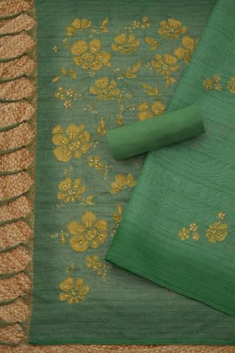 Soch Womens Sap Green Linen Shimmer Embroidered Unstitch Dress Material With Thread Work