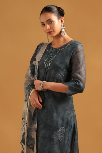 Soch Womens Grey Chanderi Digital Printed Botanical Salwar Suit With Cutdana