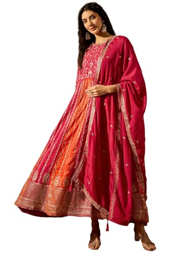 Shampysky Women's Pink Chinon Stitched Gown With Dupatta 3/4 Sleeve Embroidered Anarkali Gown (SSY-1231-Pink-L)